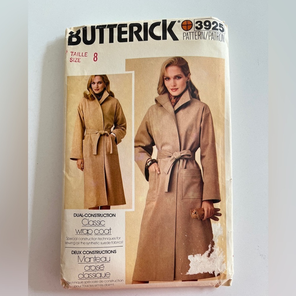 BUTTERICK Vintage 80's Uncut Sewing Pattern 3925 Classic Wrap Trench Coat